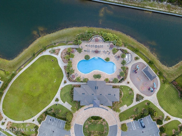 aerial view featuring a water view