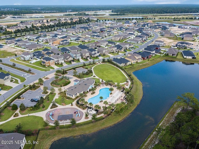 aerial view featuring a water view