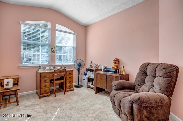 carpeted home office with vaulted ceiling and a textured ceiling