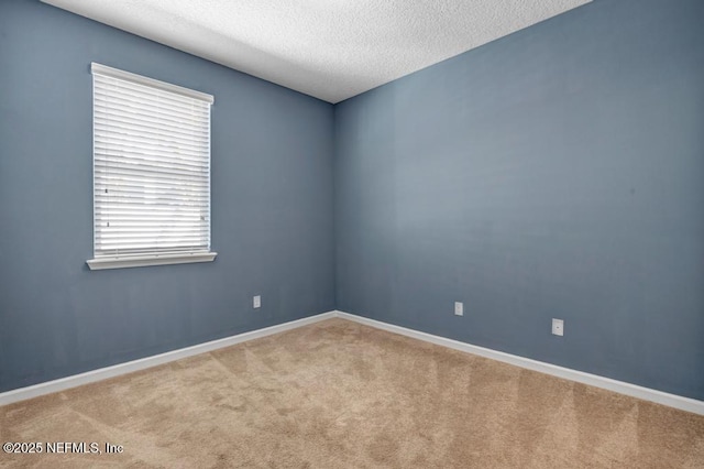 empty room with light colored carpet and a textured ceiling