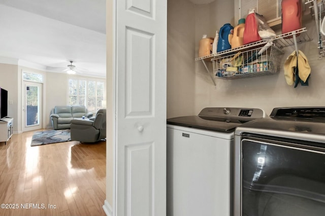 laundry room featuring ceiling fan, hardwood / wood-style floors, ornamental molding, and independent washer and dryer