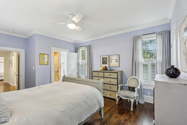 bedroom with crown molding, multiple windows, ensuite bathroom, and ceiling fan