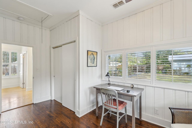 office with dark wood-type flooring