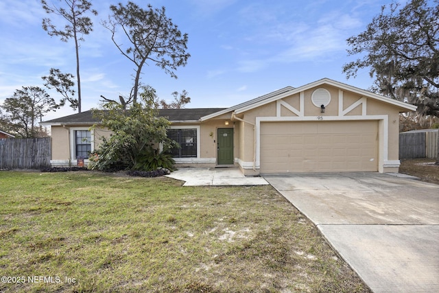 ranch-style home with a garage and a front yard