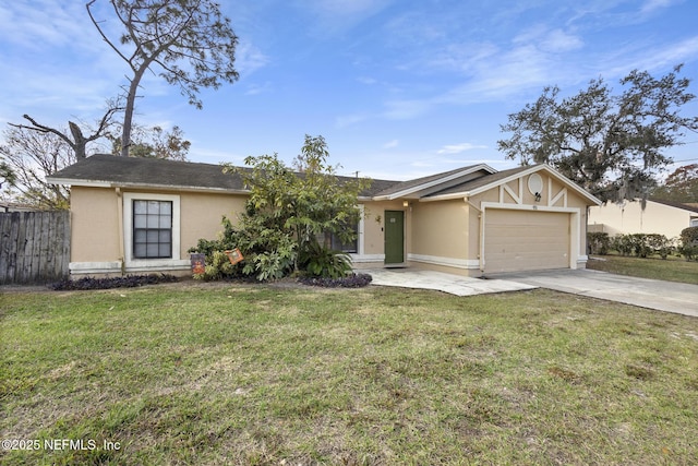 ranch-style house with a garage and a front lawn