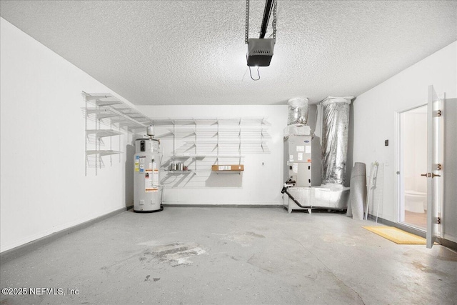 garage with water heater, heating unit, a garage door opener, and baseboards