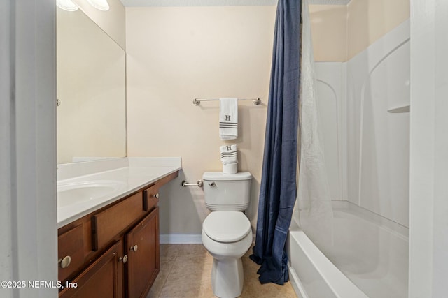 full bathroom with tile patterned flooring, a textured ceiling, toilet, vanity, and shower / bath combo with shower curtain