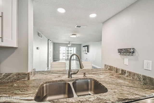 kitchen with white cabinetry, ceiling fan, stone countertops, a textured ceiling, and sink