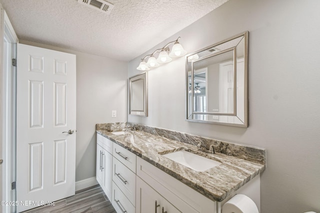 bathroom featuring vanity, wood-type flooring, and a textured ceiling