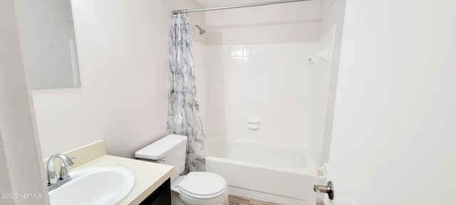 full bathroom with vanity, shower / bathtub combination with curtain, and toilet