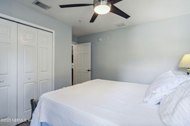 bedroom featuring ceiling fan and a closet