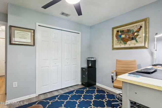 office area with ceiling fan and wood-type flooring