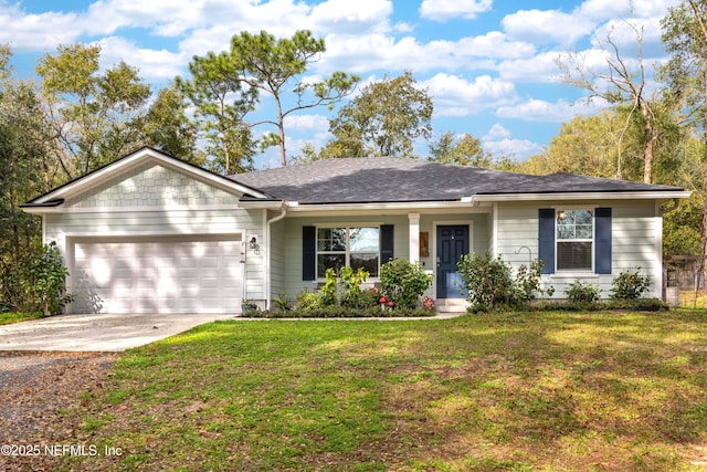 single story home with a garage and a front lawn