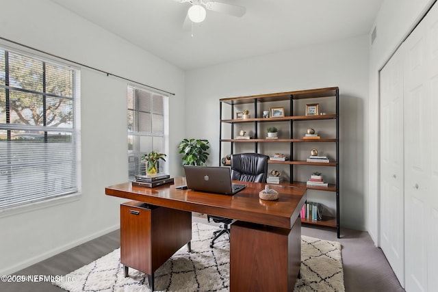 office area featuring ceiling fan and dark hardwood / wood-style floors