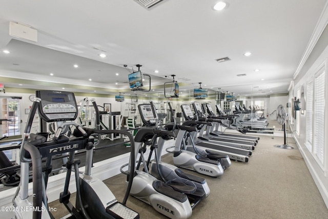 workout area with ornamental molding