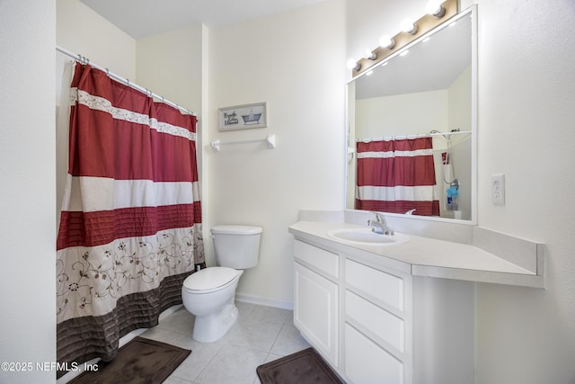 bathroom with tile patterned floors, vanity, toilet, and a shower with shower curtain