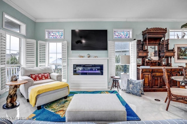 tiled living room with crown molding