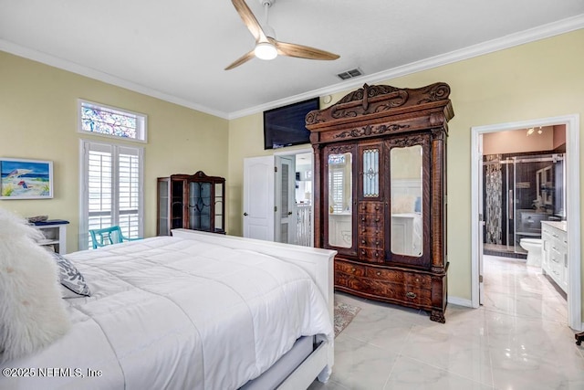 bedroom featuring ensuite bathroom, crown molding, and ceiling fan