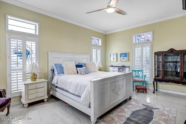 bedroom with crown molding, ceiling fan, and multiple windows