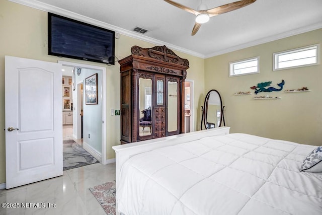 bedroom with crown molding and ceiling fan