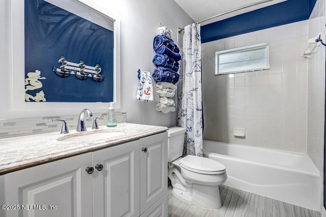 full bathroom featuring vanity, decorative backsplash, toilet, and shower / bath combo