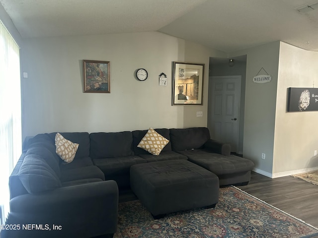 living room featuring lofted ceiling and hardwood / wood-style floors