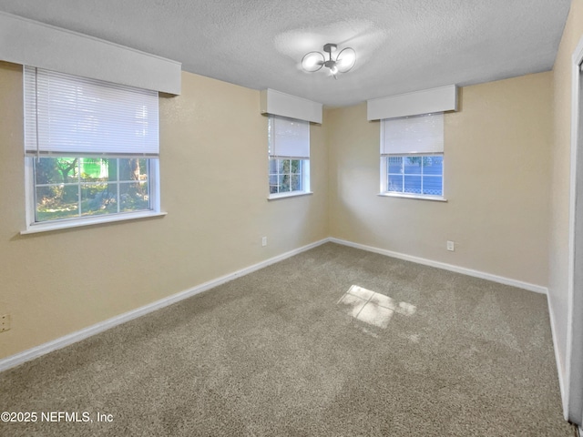 spare room with carpet floors, plenty of natural light, an inviting chandelier, and a textured ceiling