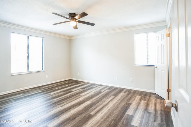 unfurnished room featuring crown molding, a textured ceiling, and dark hardwood / wood-style flooring