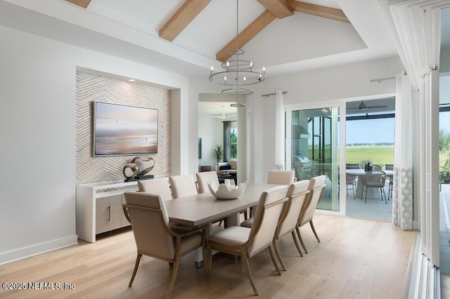 dining area with a notable chandelier, light hardwood / wood-style floors, high vaulted ceiling, and beamed ceiling