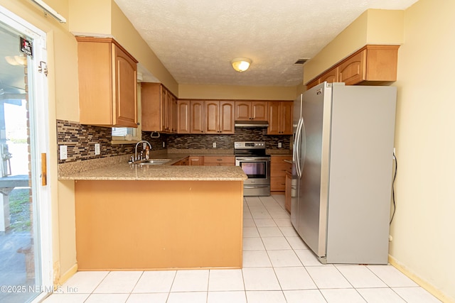 kitchen with a textured ceiling, stainless steel appliances, sink, backsplash, and kitchen peninsula