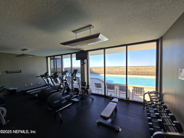 workout area with expansive windows and a textured ceiling