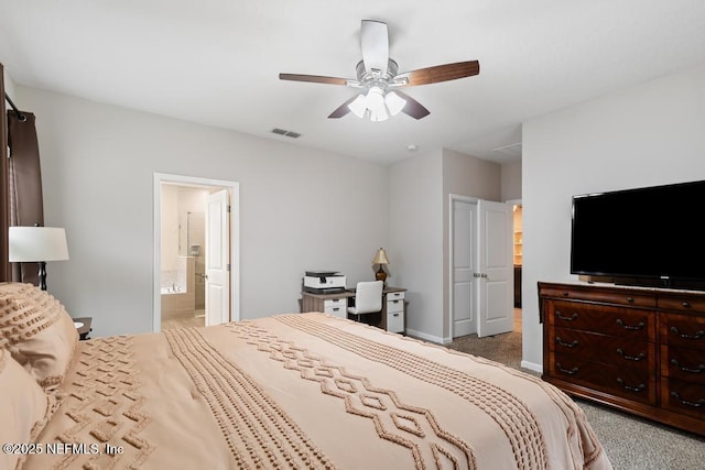 carpeted bedroom featuring connected bathroom and ceiling fan