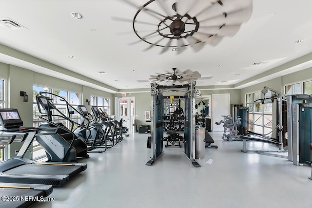 gym featuring ceiling fan