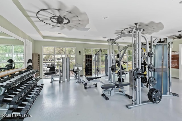 workout area featuring ceiling fan