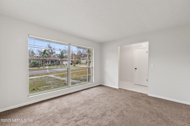 unfurnished room featuring a textured ceiling and light carpet