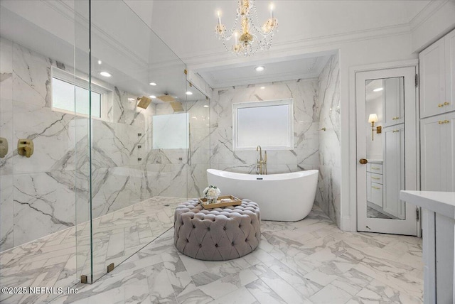 bathroom with a wealth of natural light, an inviting chandelier, plus walk in shower, and ornamental molding