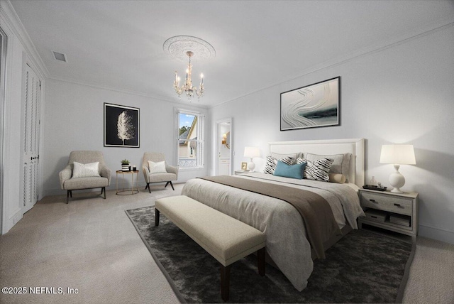 carpeted bedroom with crown molding and an inviting chandelier