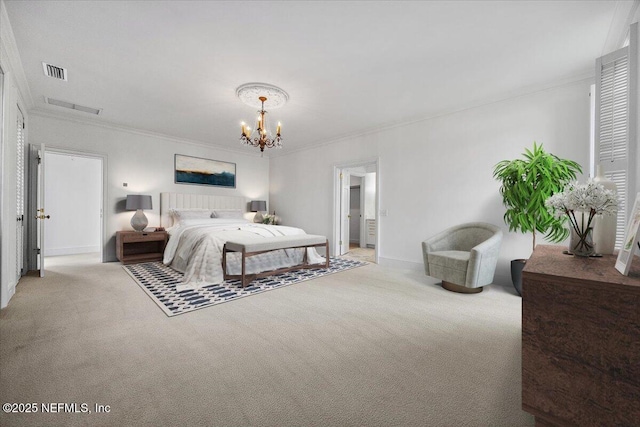 carpeted bedroom featuring an inviting chandelier and ornamental molding