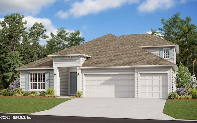 view of front facade featuring a garage, concrete driveway, roof with shingles, and a front yard