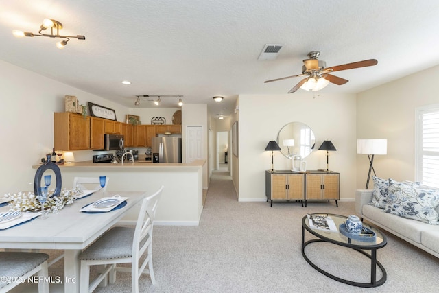 carpeted living room featuring ceiling fan and a textured ceiling