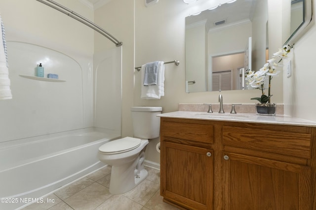 full bathroom with tile patterned flooring, vanity, ornamental molding, shower / bathtub combination, and toilet