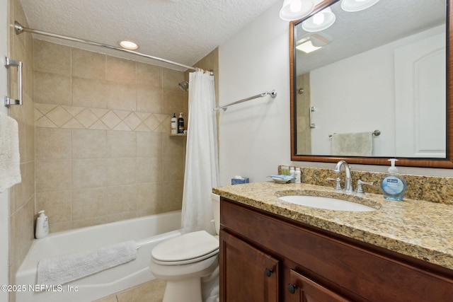 bathroom featuring shower / bath combination with curtain, toilet, a textured ceiling, vanity, and tile patterned floors