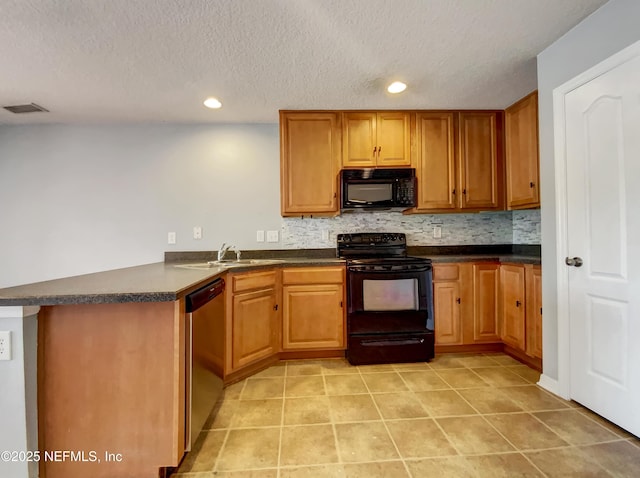 kitchen with black appliances, a textured ceiling, sink, kitchen peninsula, and backsplash