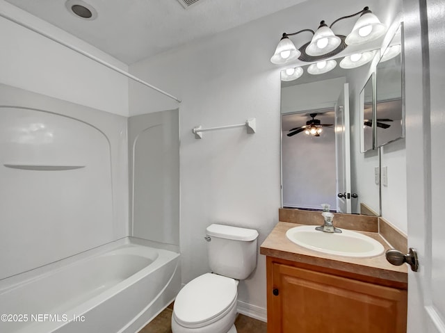 full bathroom featuring ceiling fan, shower / tub combination, toilet, and vanity