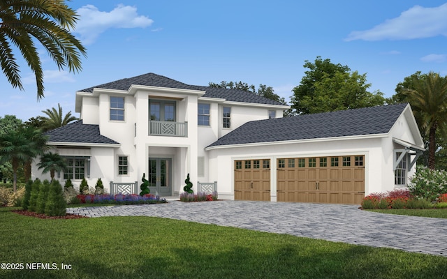 view of front of property with a garage, a front yard, french doors, and a balcony