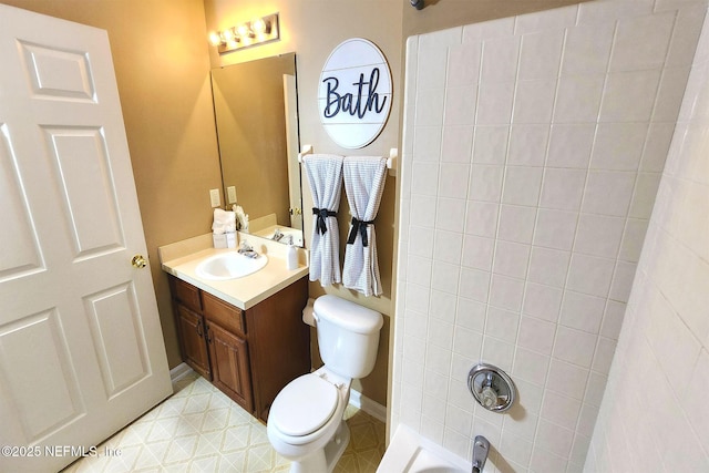 full bathroom with vanity, bathtub / shower combination, and toilet