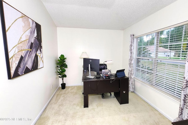 carpeted office space featuring a textured ceiling