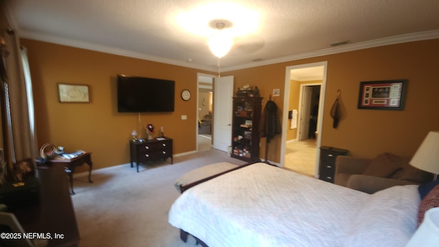 carpeted bedroom featuring crown molding