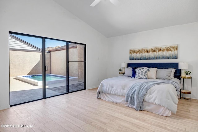 bedroom with light hardwood / wood-style flooring, access to outside, high vaulted ceiling, and ceiling fan