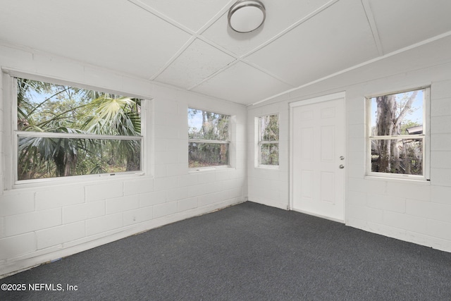 unfurnished sunroom featuring vaulted ceiling